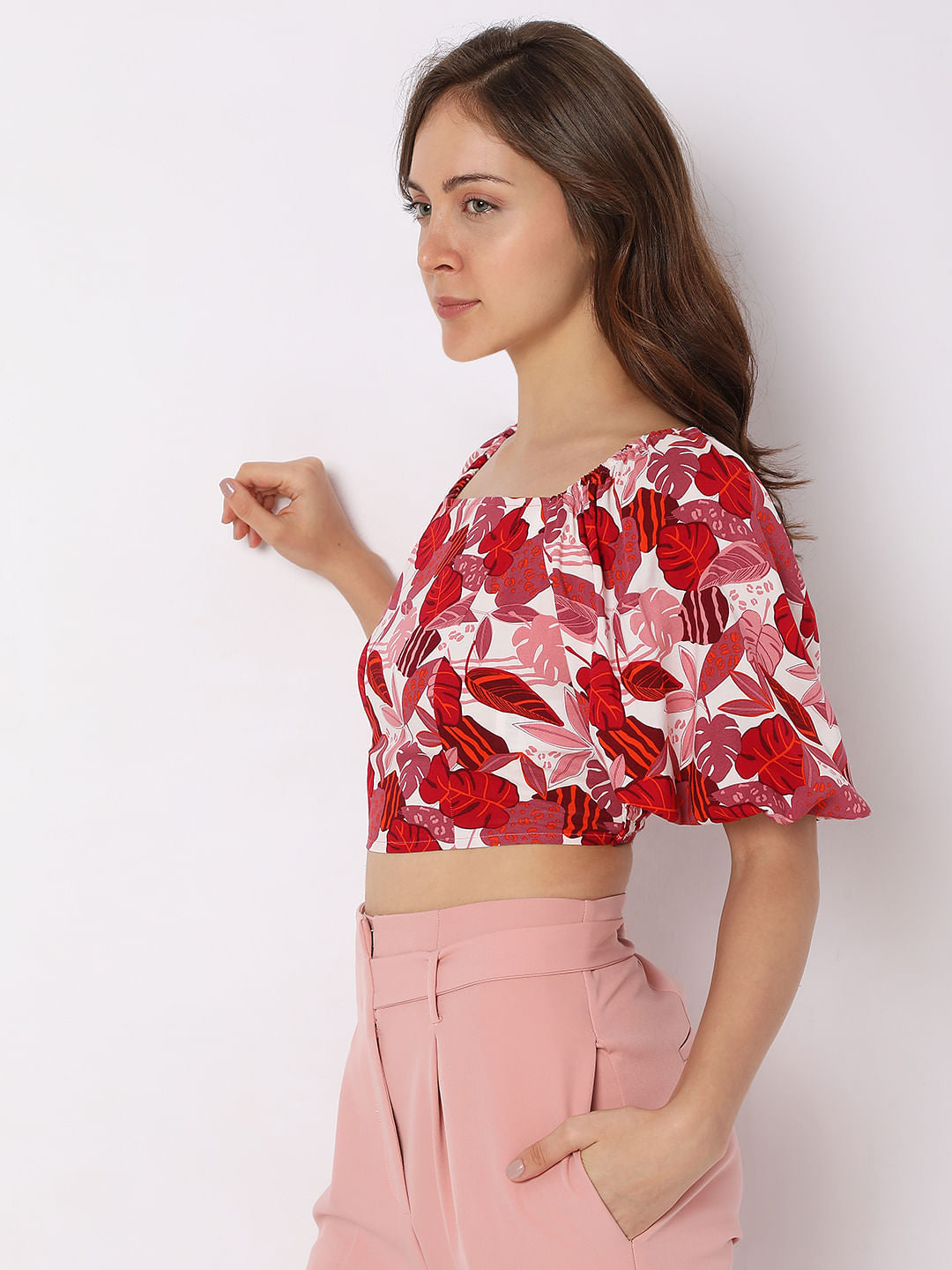 Pink Tropical Print Co-Ord Set Crop Top