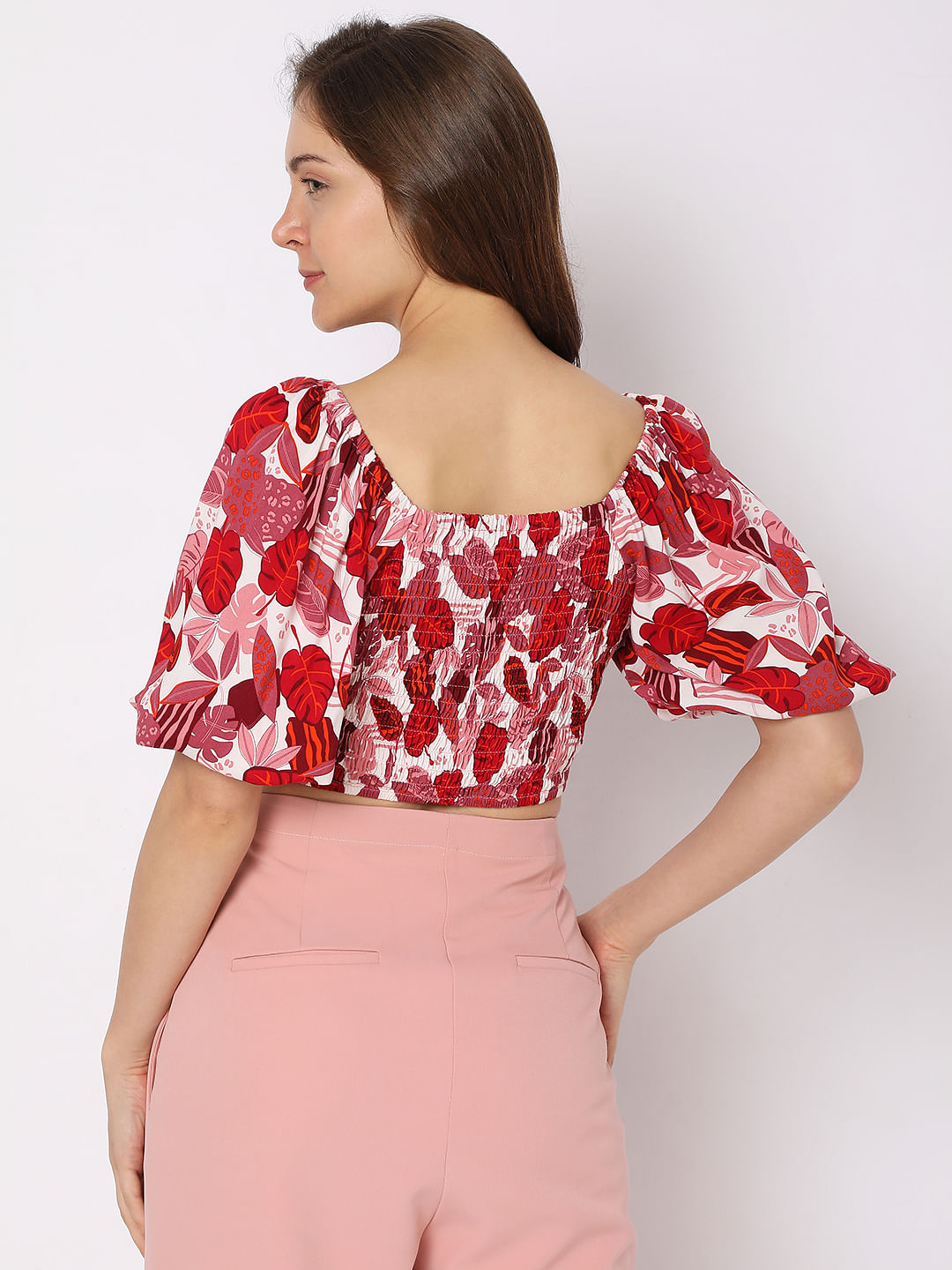 Pink Tropical Print Co-Ord Set Crop Top