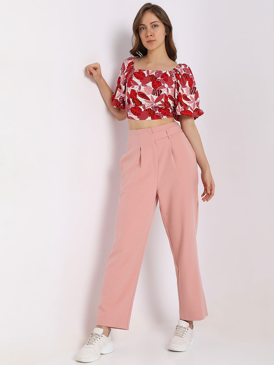 Pink Tropical Print Co-Ord Set Crop Top