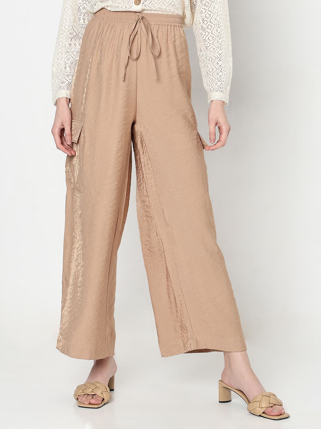 Beige High Rise Loose Fit Pants