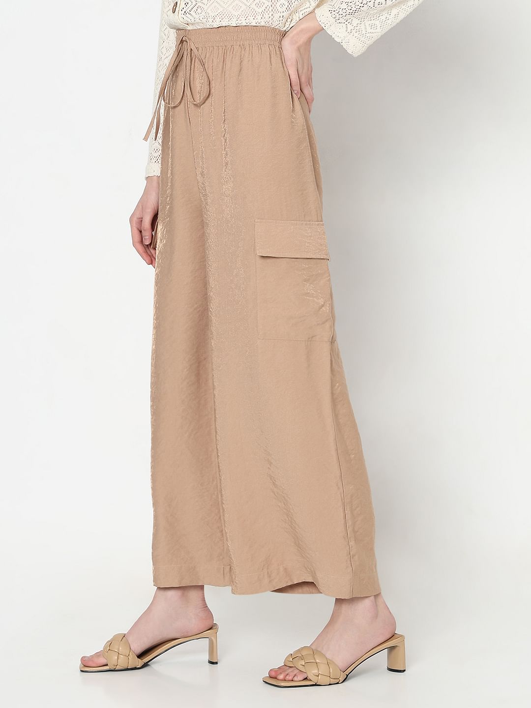 Beige High Rise Loose Fit Pants