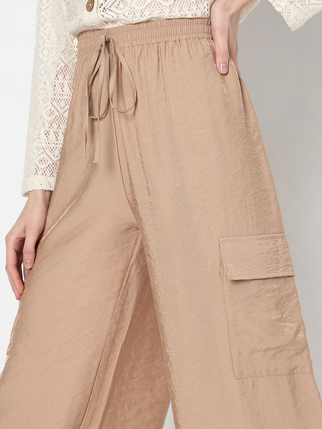 Beige High Rise Loose Fit Pants