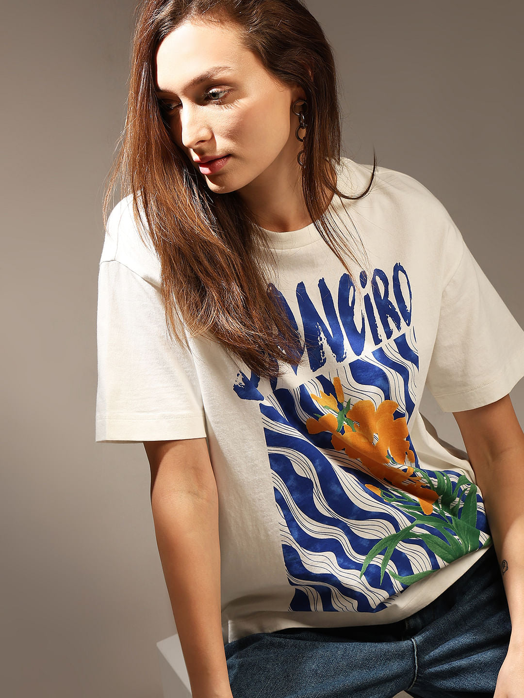 White Printed Relaxed Fit T-Shirt