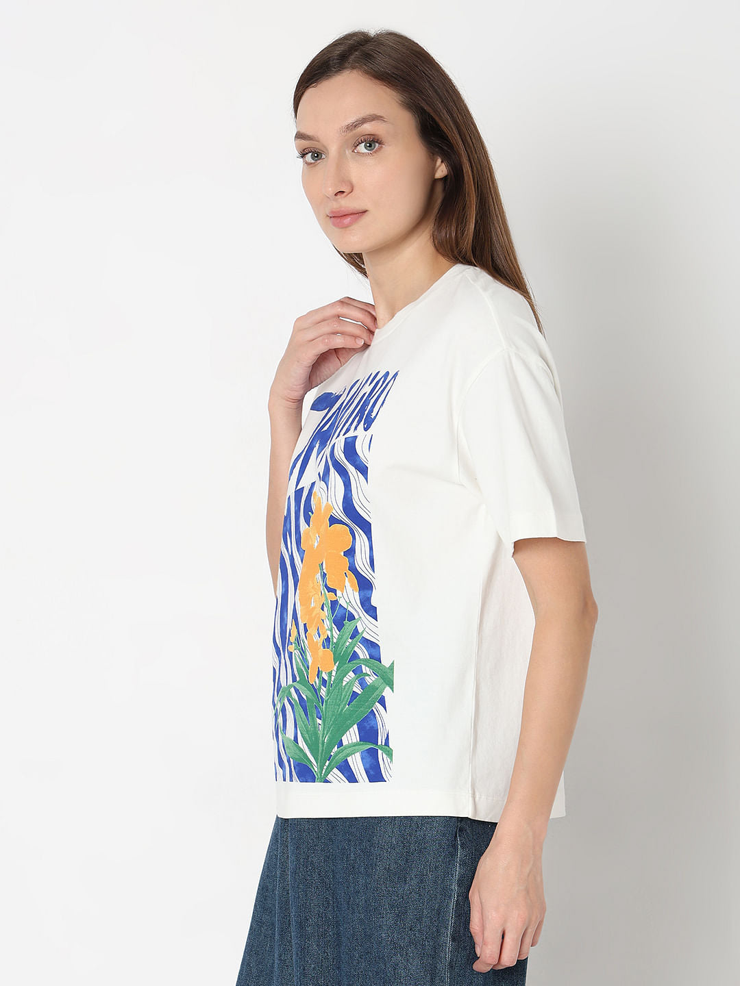 White Printed Relaxed Fit T-Shirt