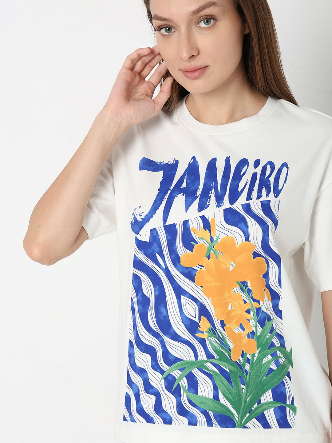 White Printed Relaxed Fit T-Shirt