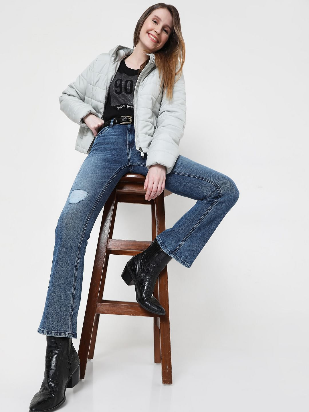 Mid Rise Ripped Bootcut Jeans