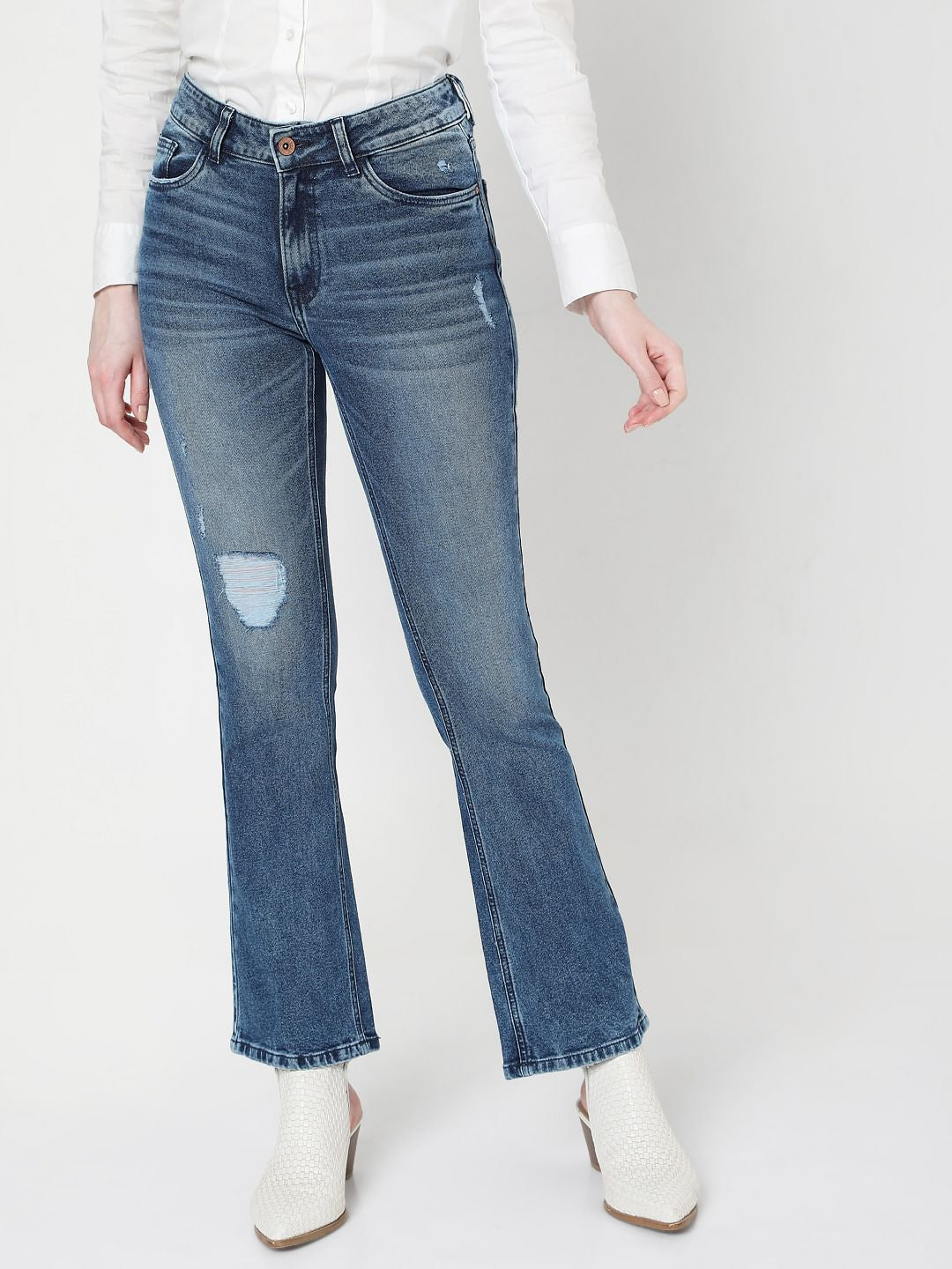 Mid Rise Ripped Bootcut Jeans