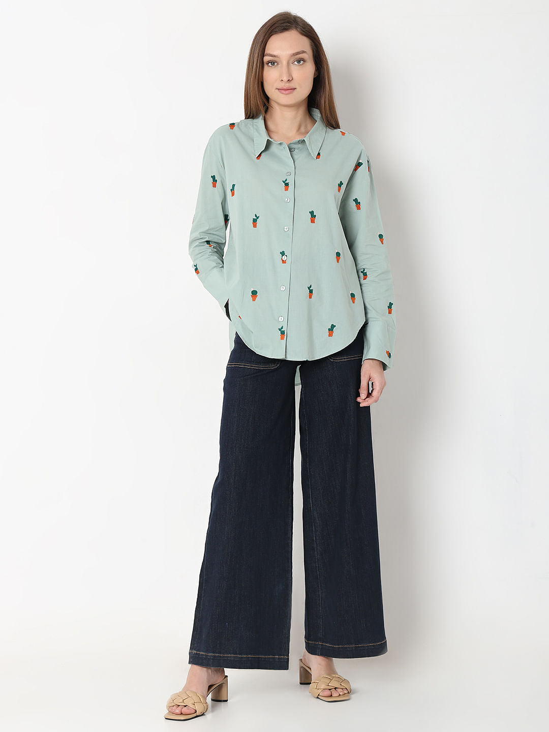 Green Cactus Embroidered Shirt