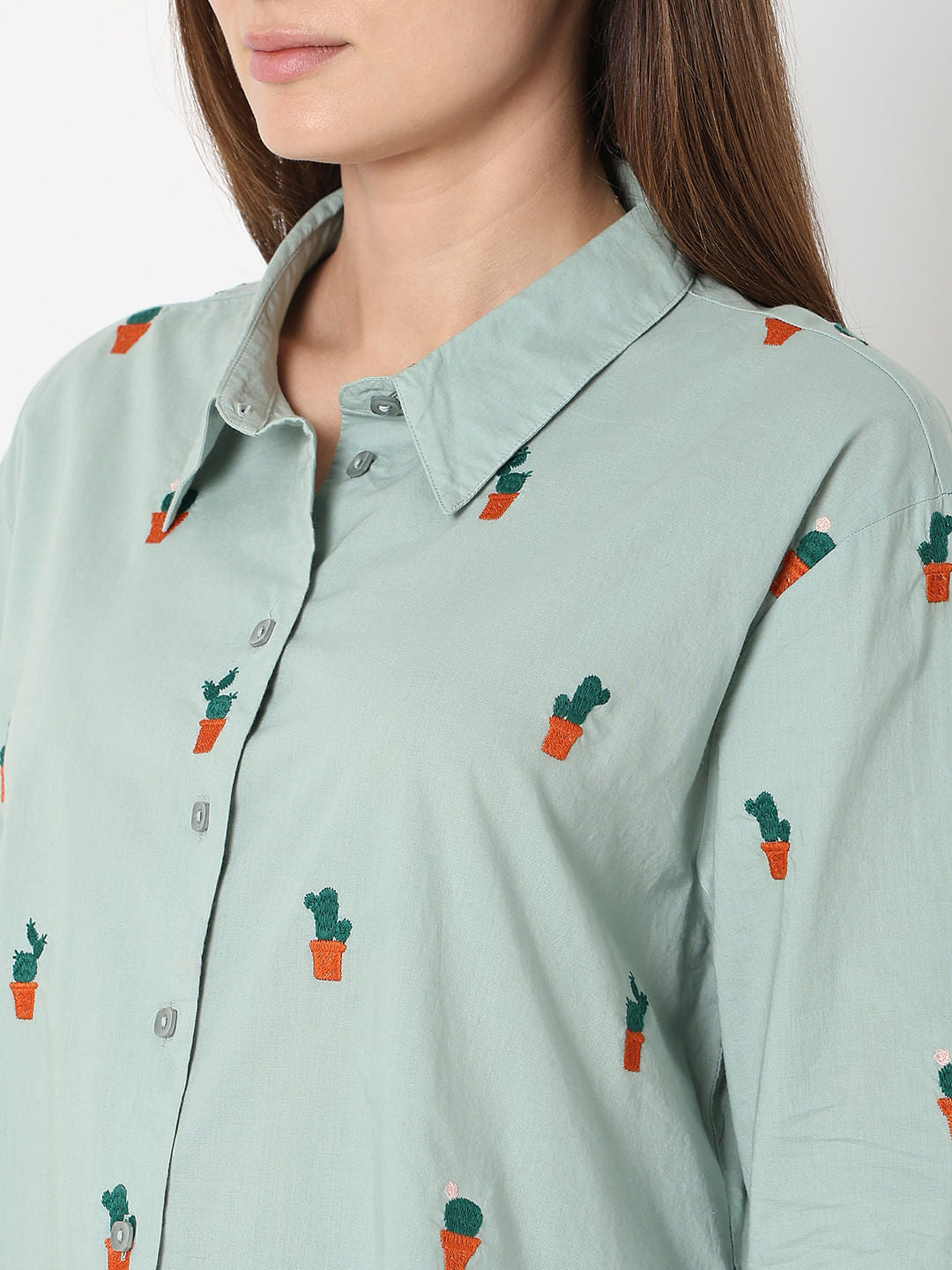 Green Cactus Embroidered Shirt