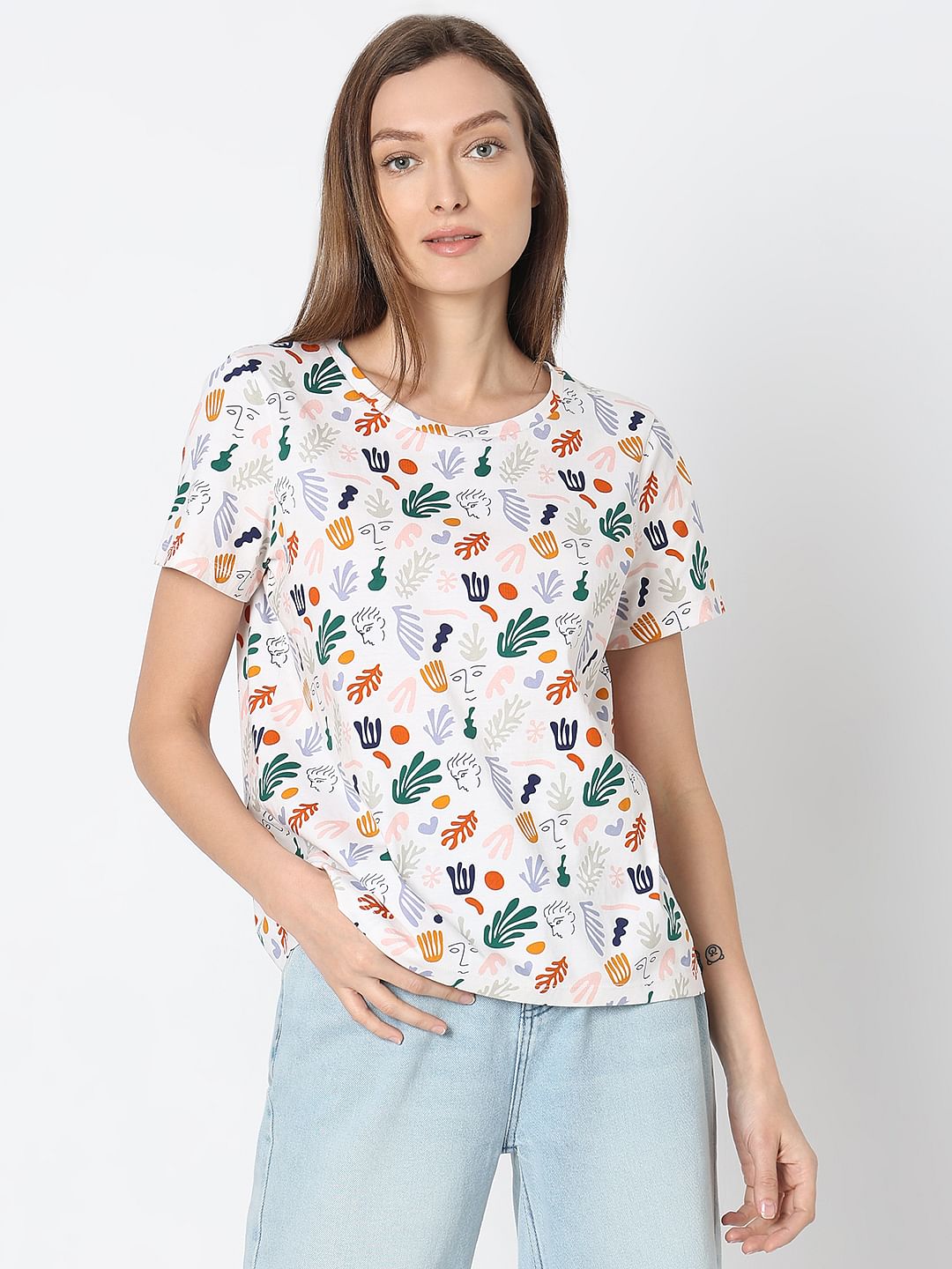 White Printed Cotton T-Shirt