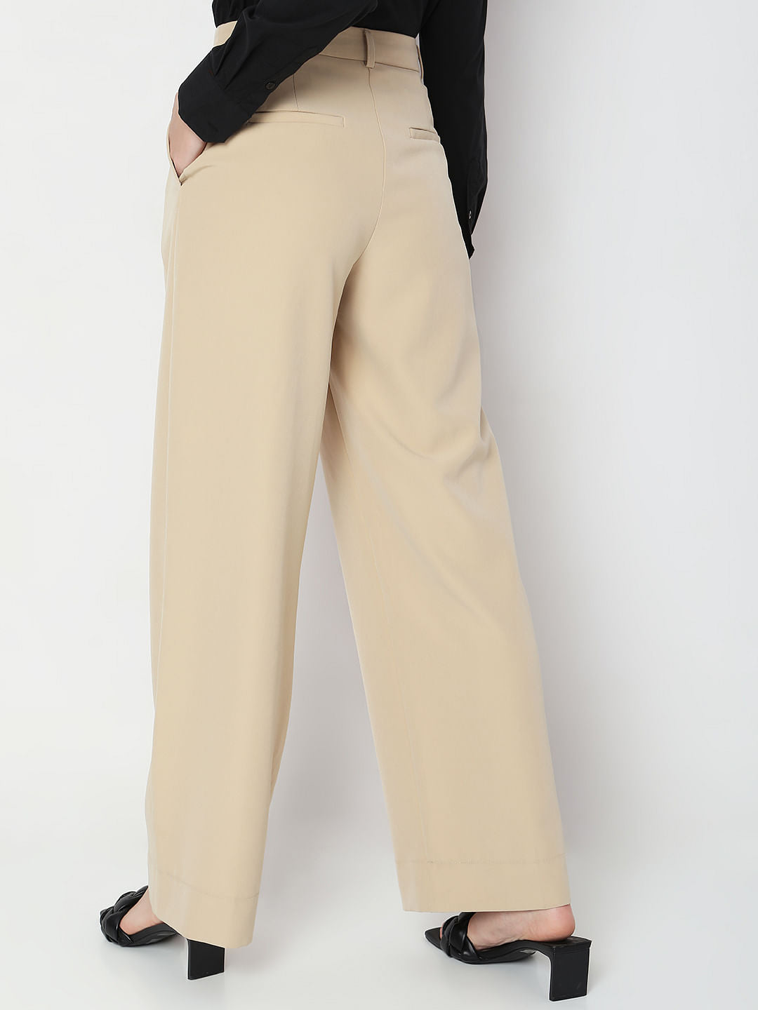 Beige High Rise Wide Leg Pants