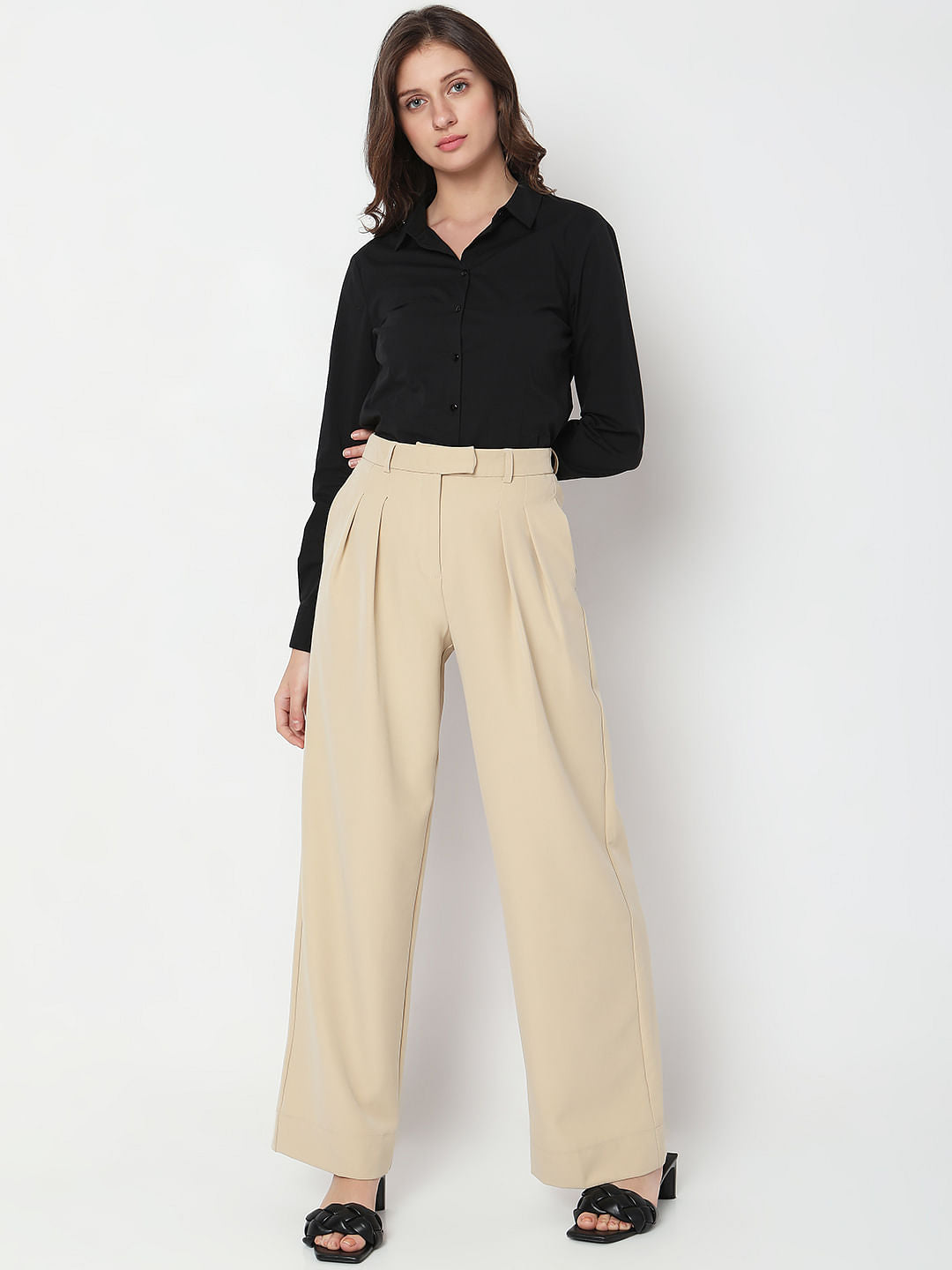 Beige High Rise Wide Leg Pants
