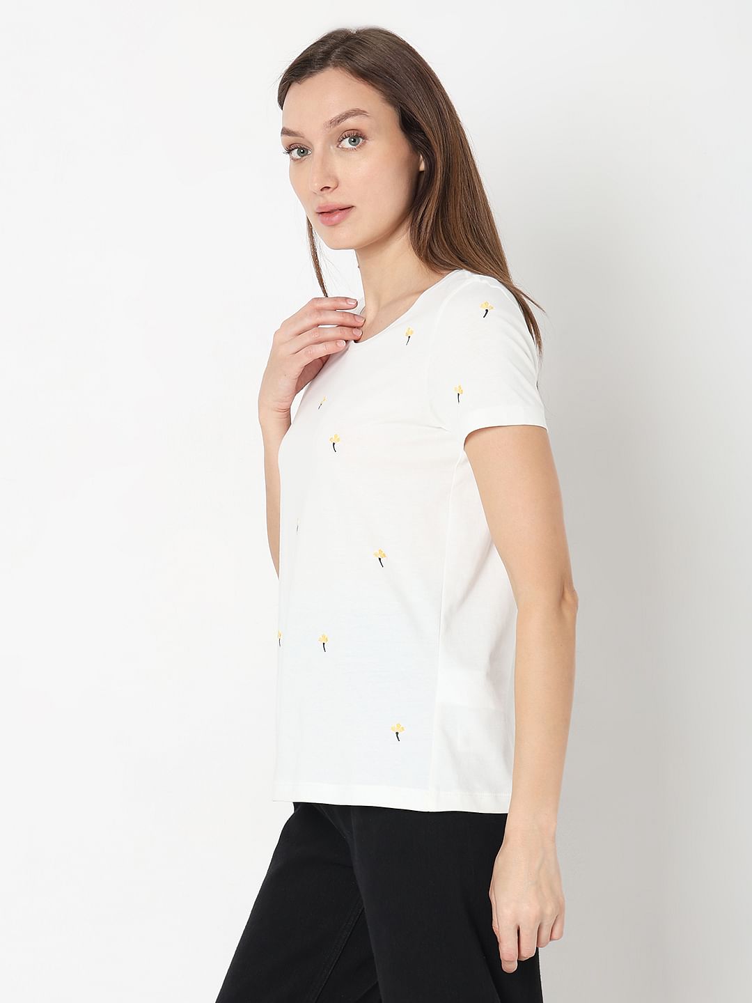 White Embroidered Print T-Shirt