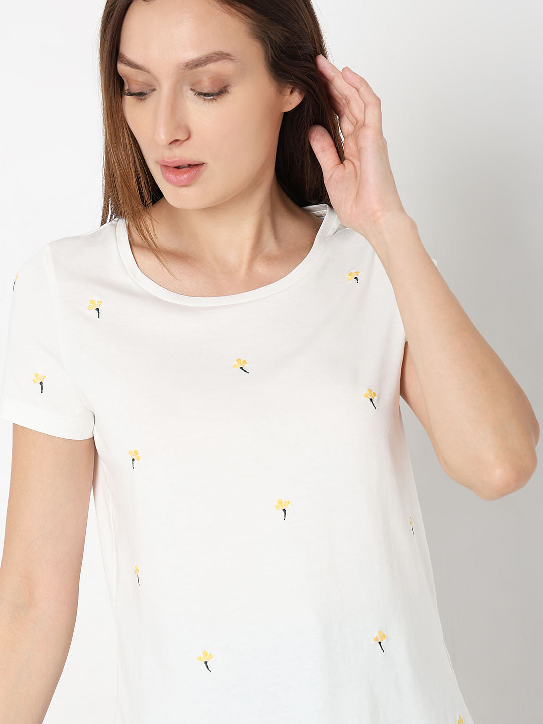 White Embroidered Print T-Shirt