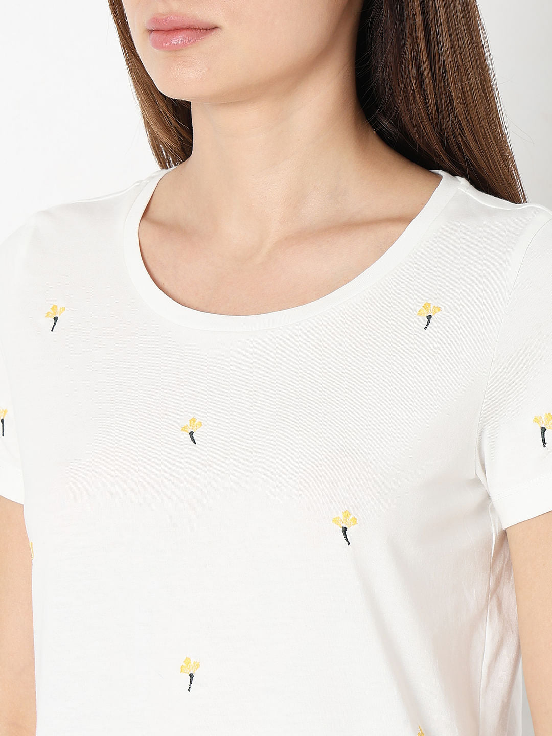 White Embroidered Print T-Shirt