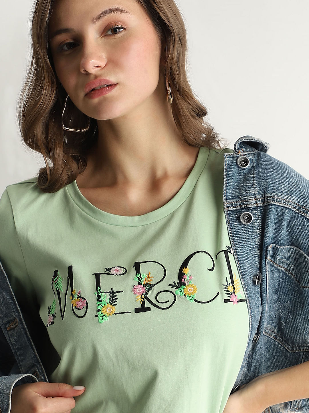 Green Embroidered Text T-Shirt