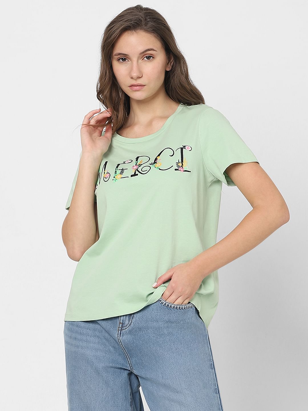 Green Embroidered Text T-Shirt