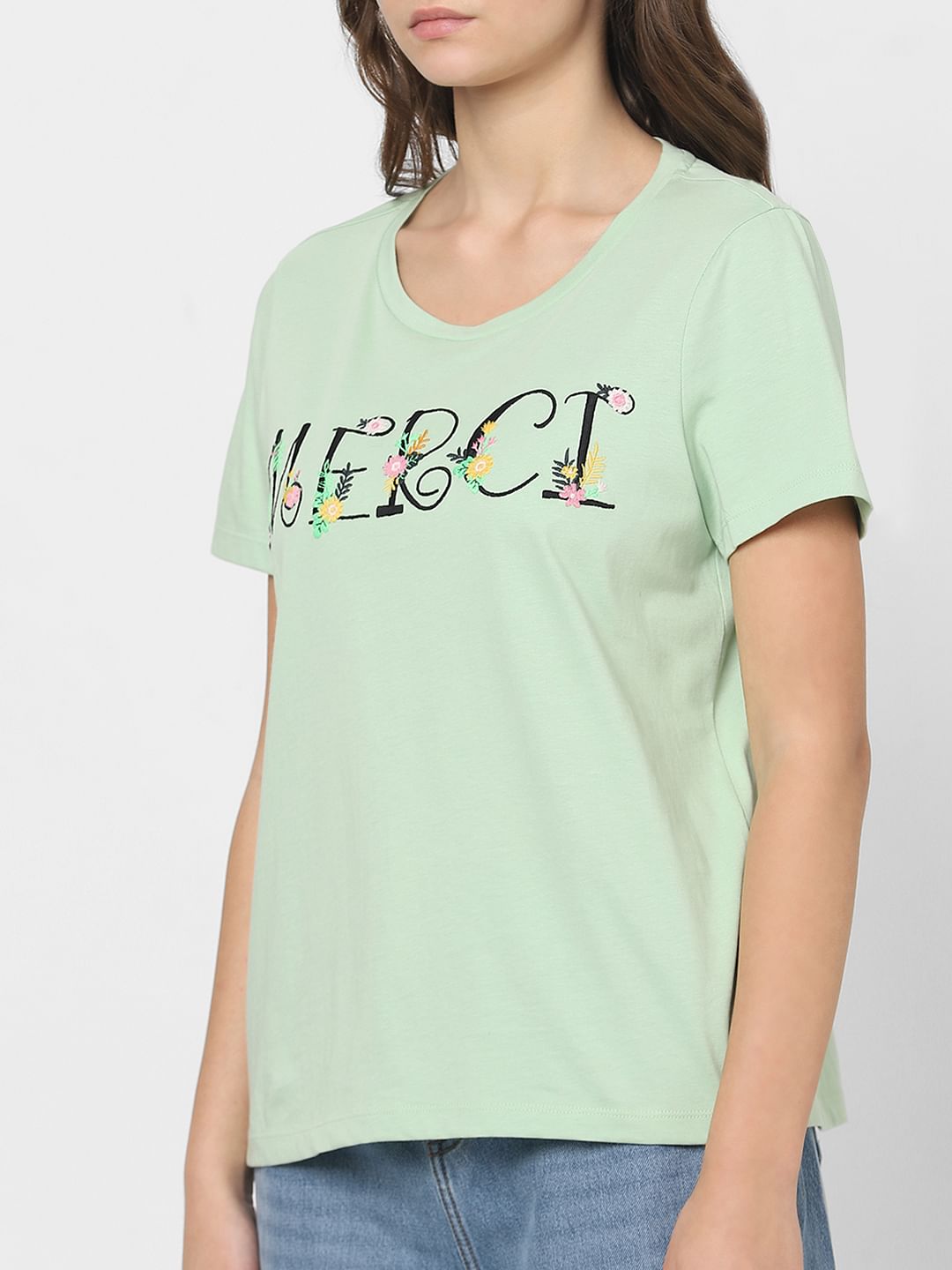 Green Embroidered Text T-Shirt