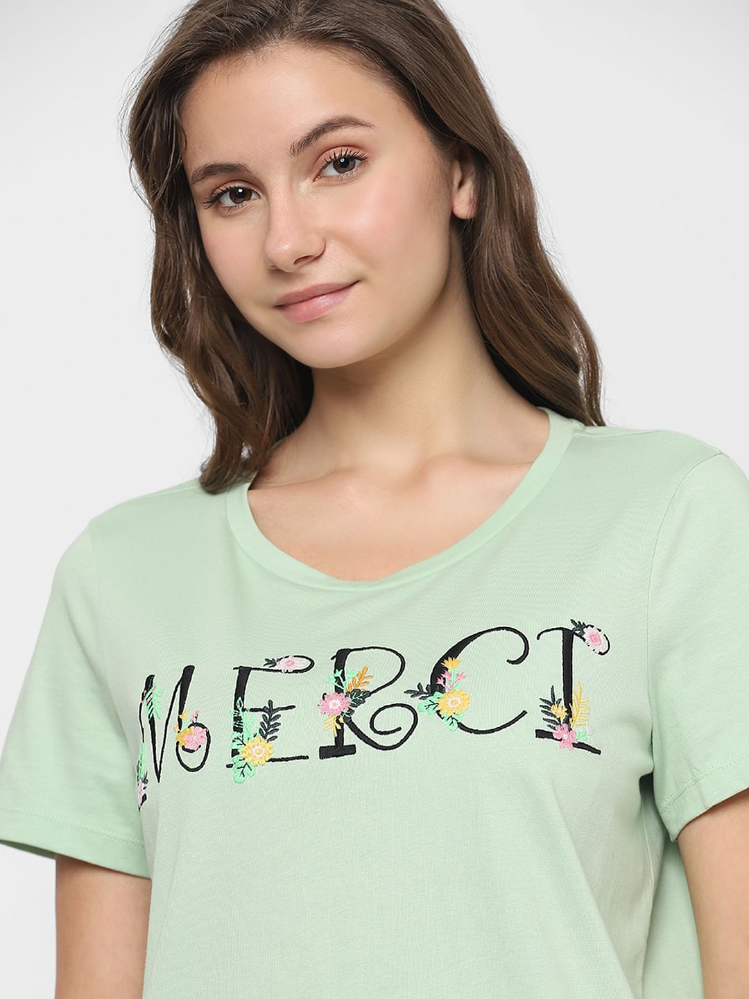 Green Embroidered Text T-Shirt