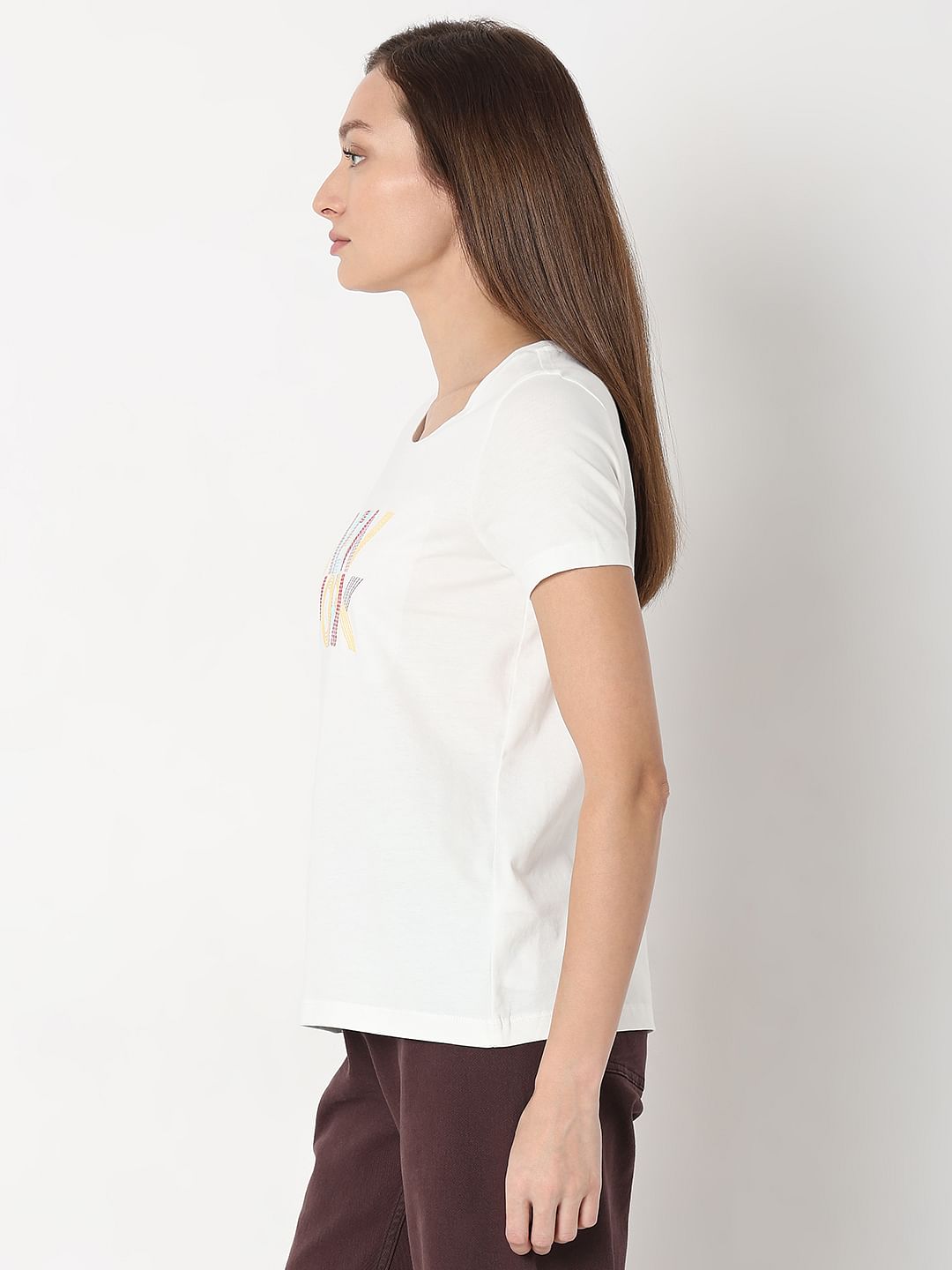 White Embroidered Text T-Shirt