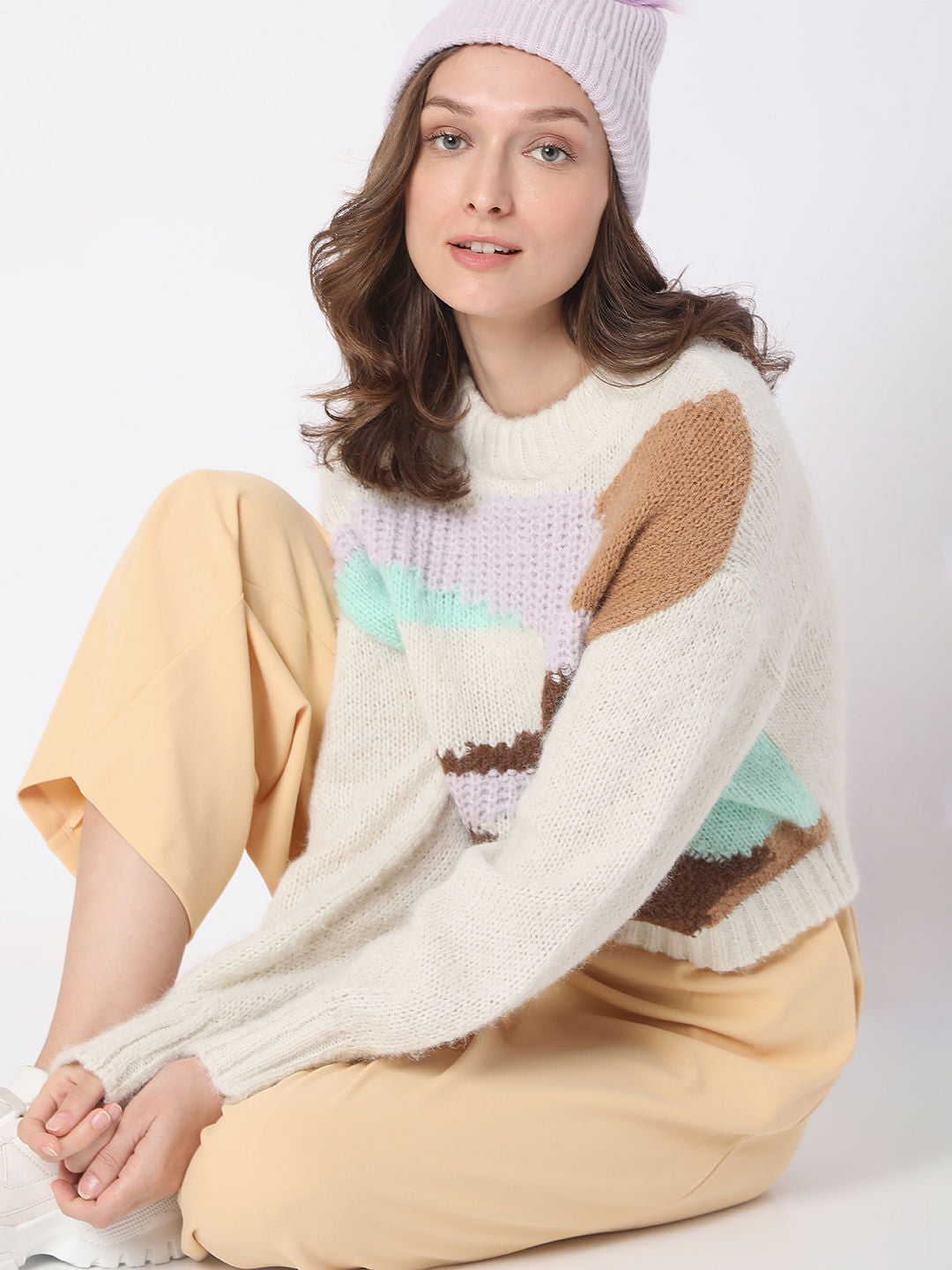 Beige Abstract Print Sweater