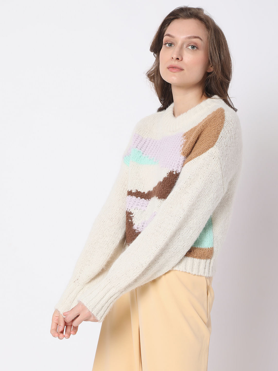 Beige Abstract Print Sweater