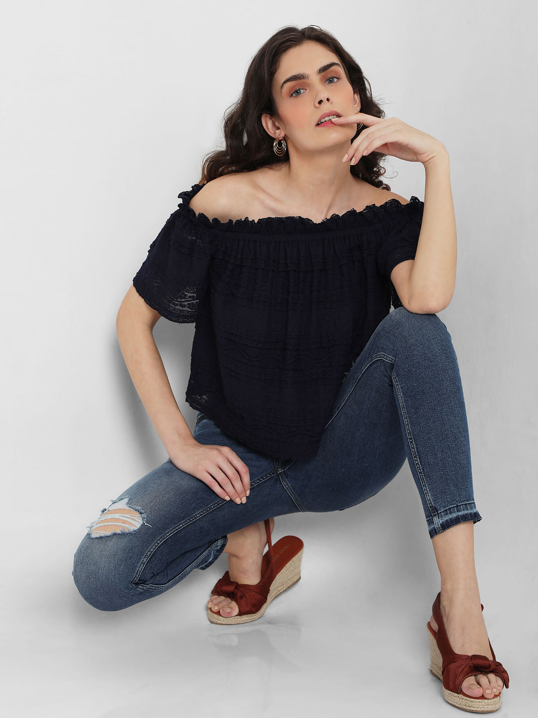 Blue Off Shoulder Lace Top