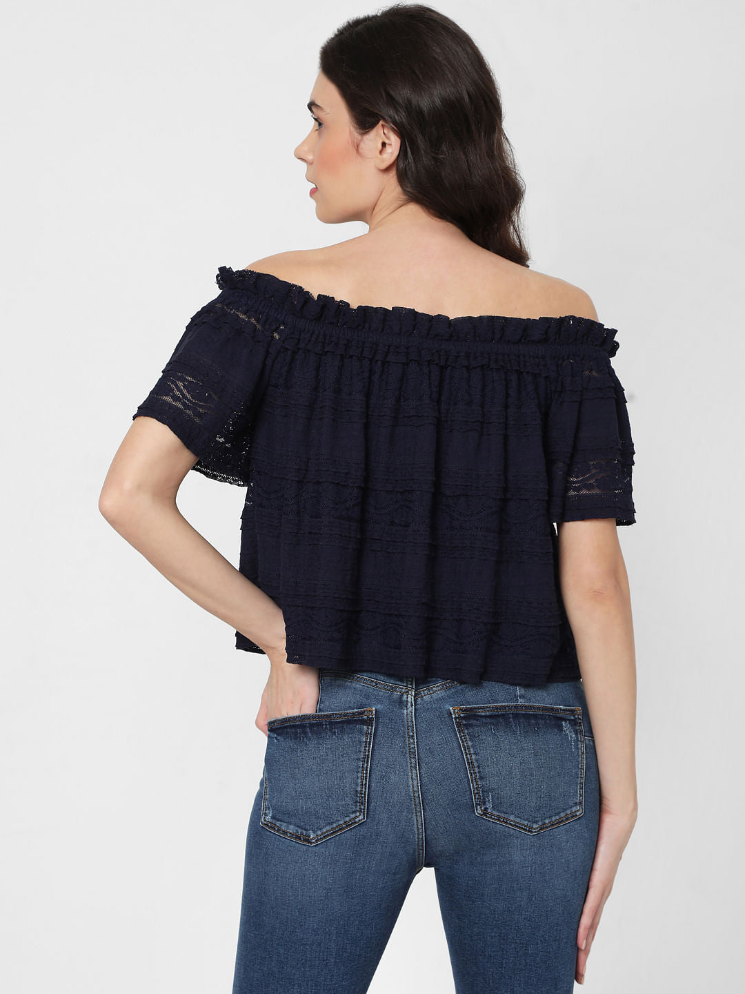 Blue Off Shoulder Lace Top