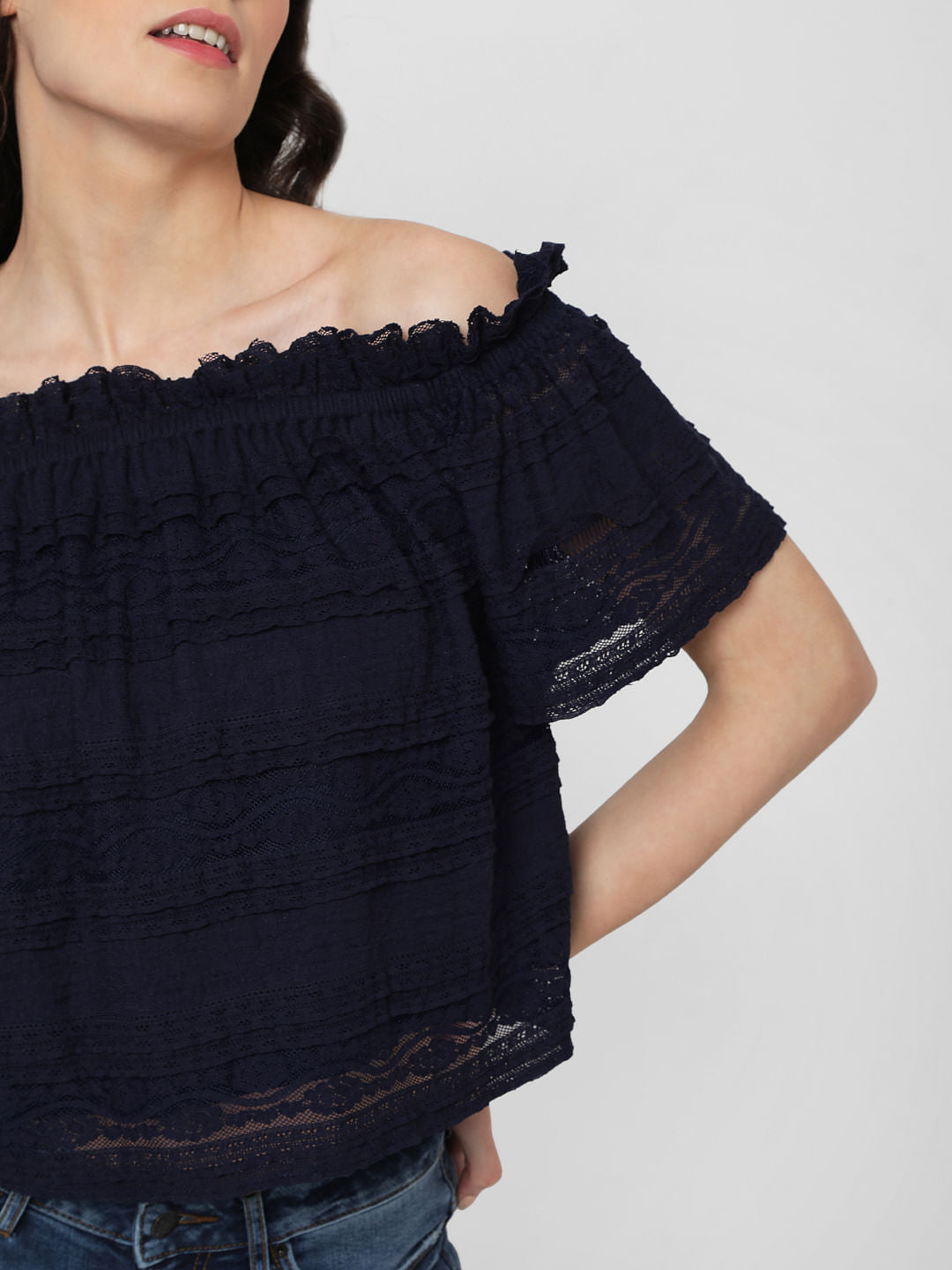 Blue Off Shoulder Lace Top