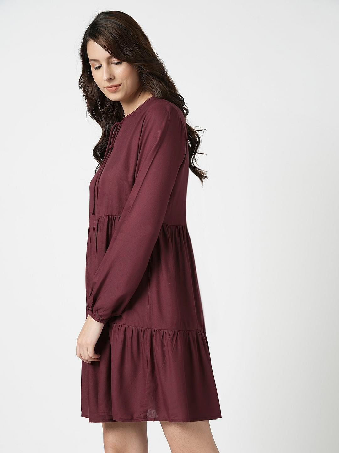 I.Scenery By Vero Moda Maroon Tiered Dress