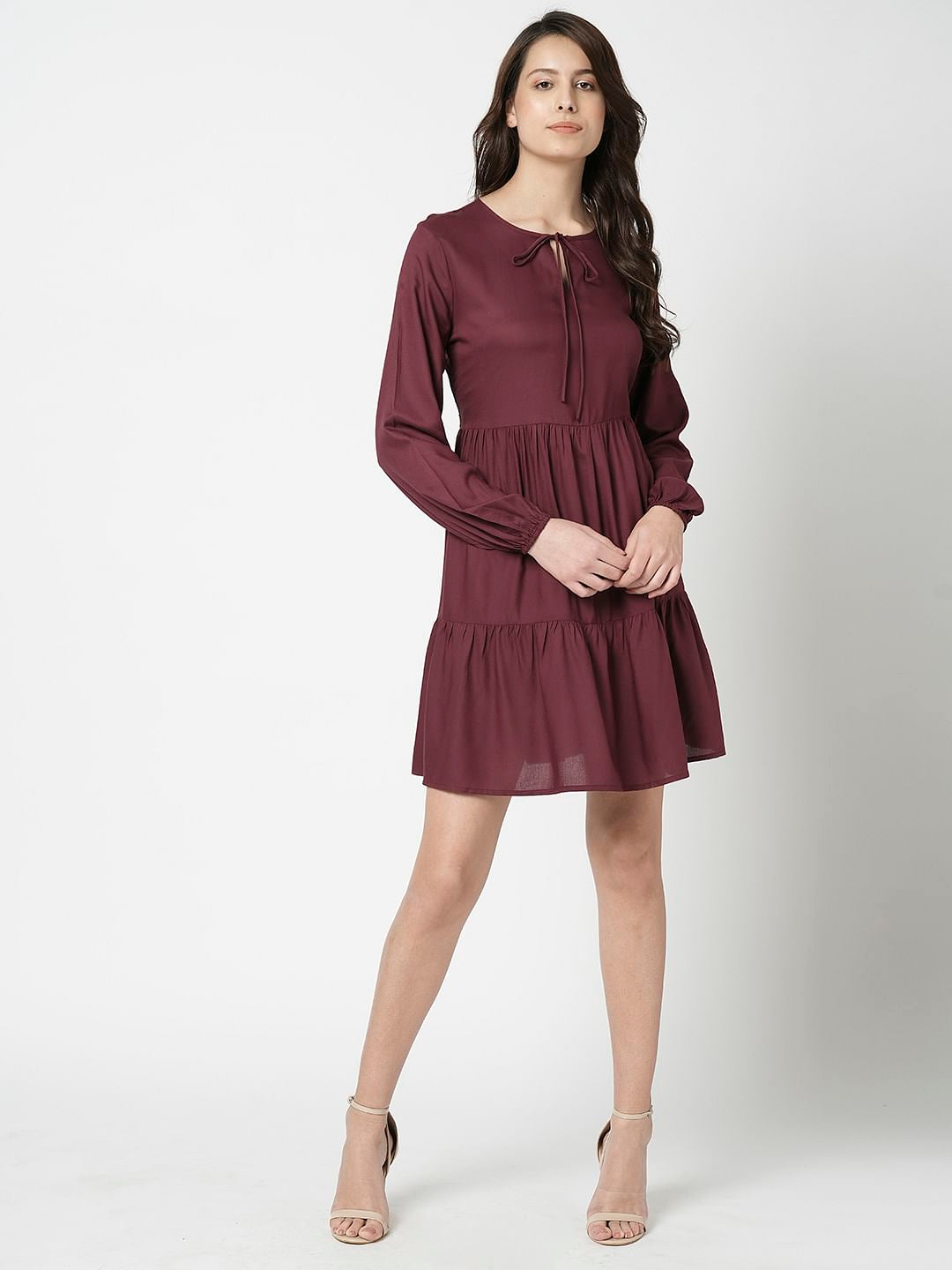 I.Scenery By Vero Moda Maroon Tiered Dress