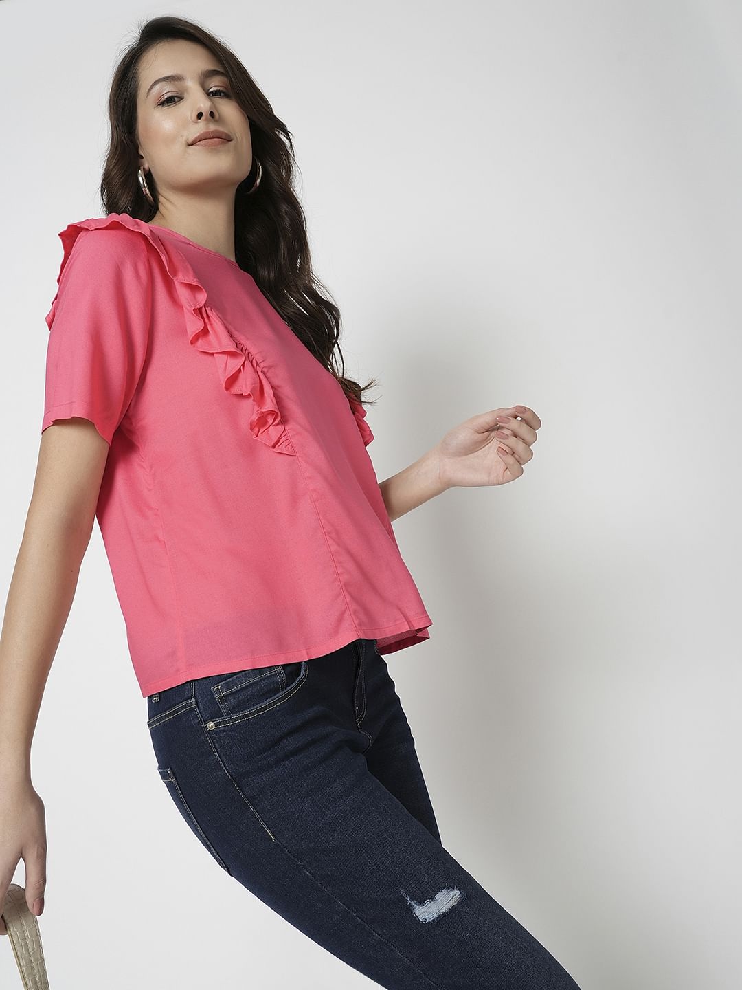 I.Scenery By Vero Moda Pink Frill Detail Top