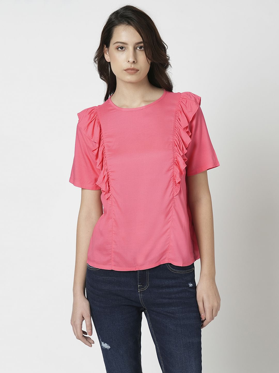 I.Scenery By Vero Moda Pink Frill Detail Top