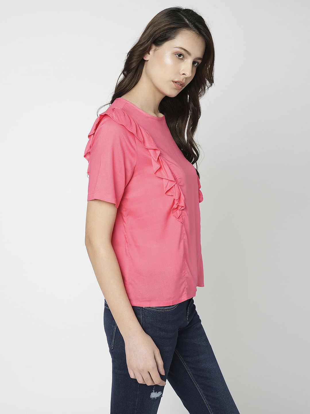 I.Scenery By Vero Moda Pink Frill Detail Top