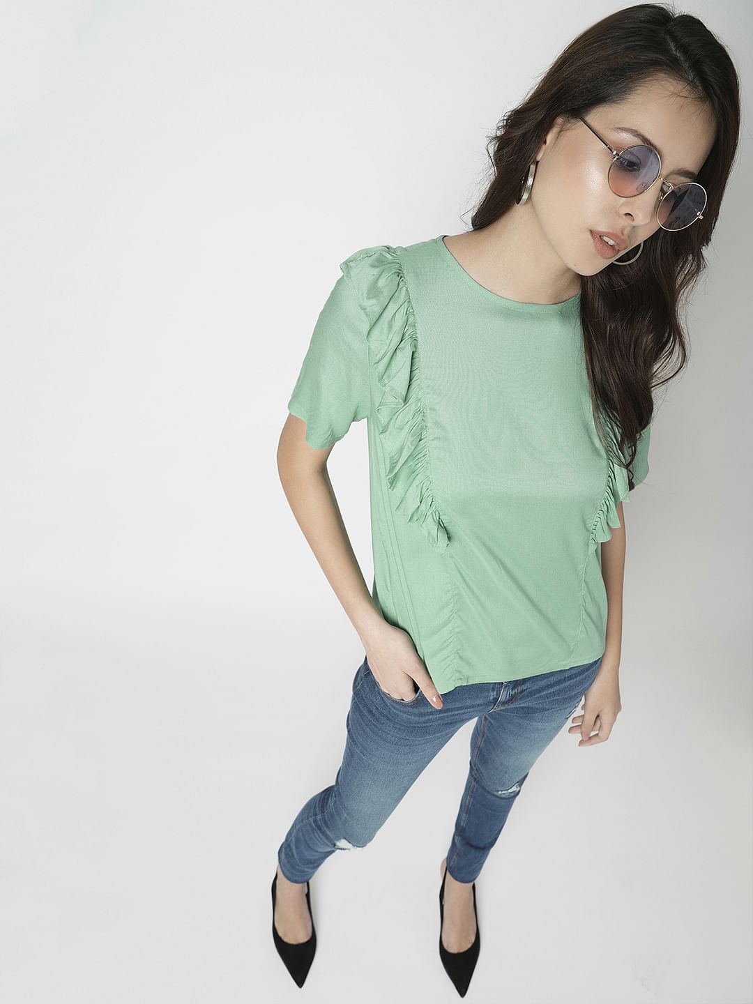 I.Scenery By Vero Moda Green Frill Detail Top