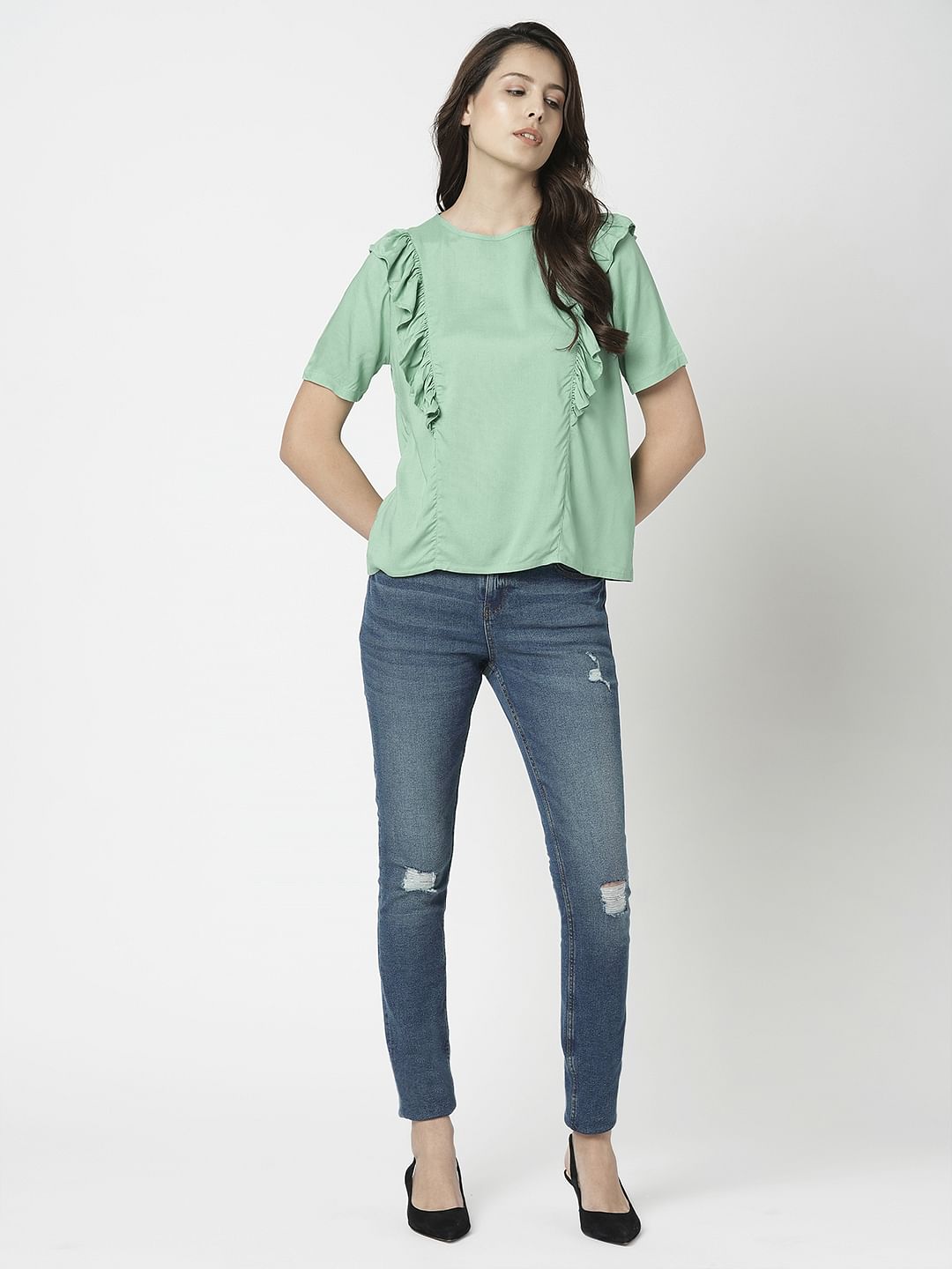 I.Scenery By Vero Moda Green Frill Detail Top