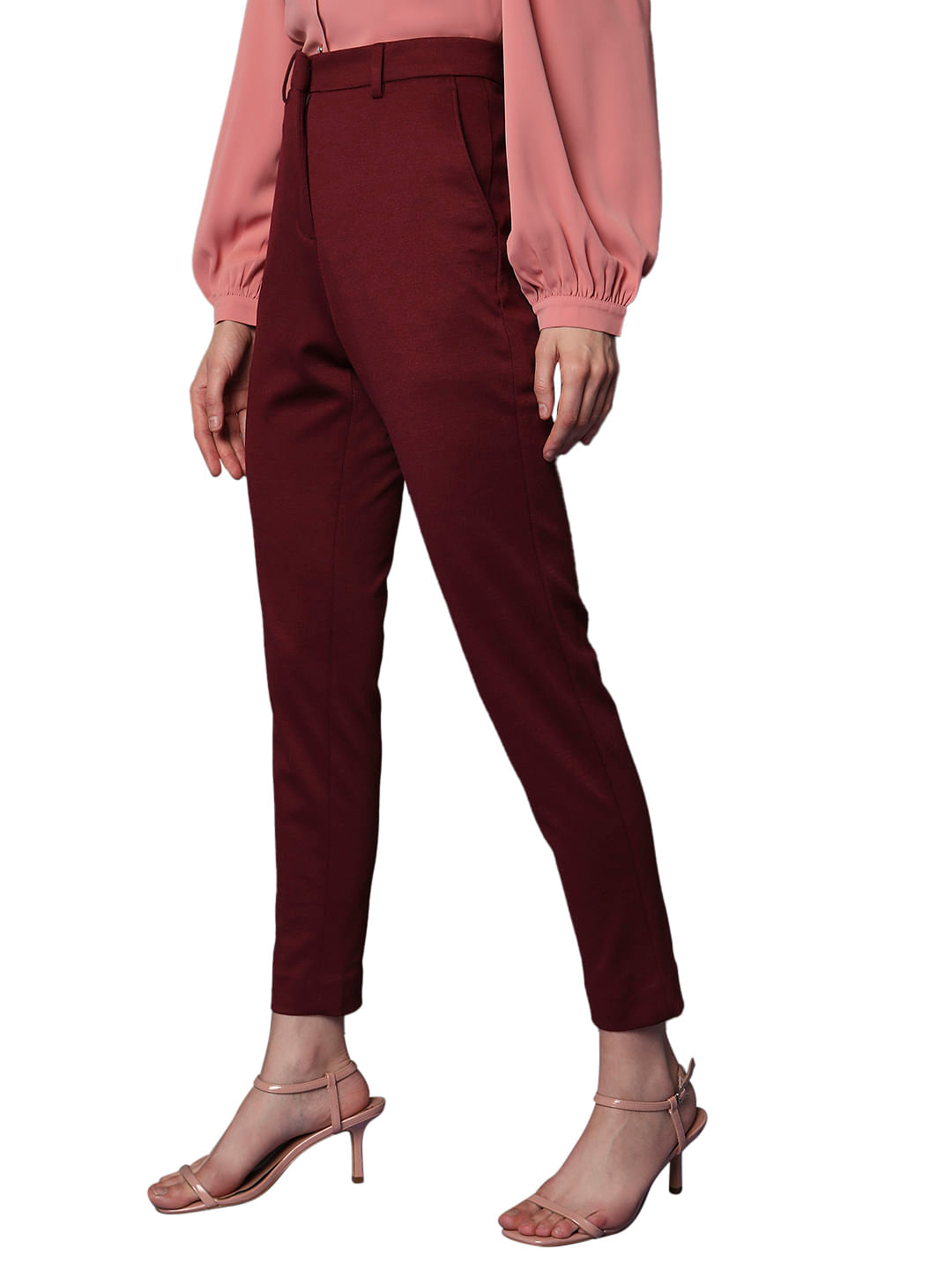 Maroon High Rise Tailored Slim Fit Pants