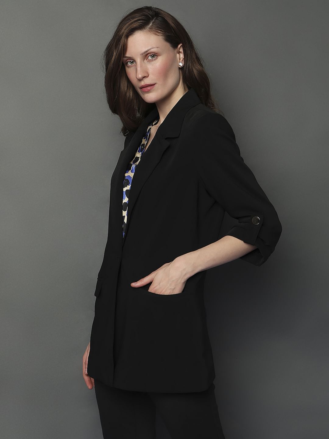 Black 3/4Th Sleeves Formal Blazer