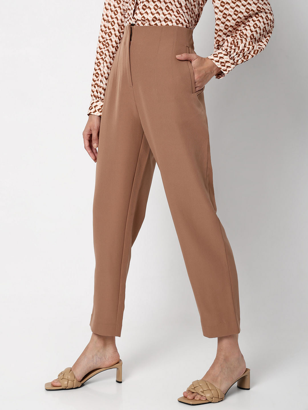 Beige High Rise Straight Fit Co-Ord Set Pants
