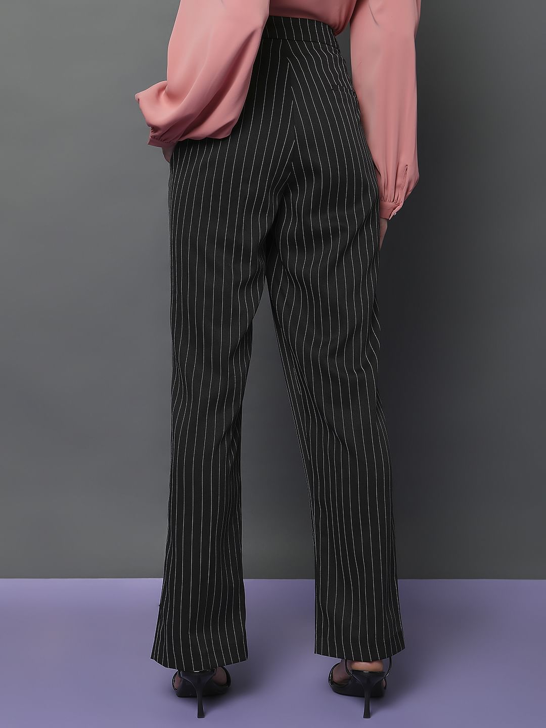 Black High Rise Striped Straight Fit Co-Ord Set Pants