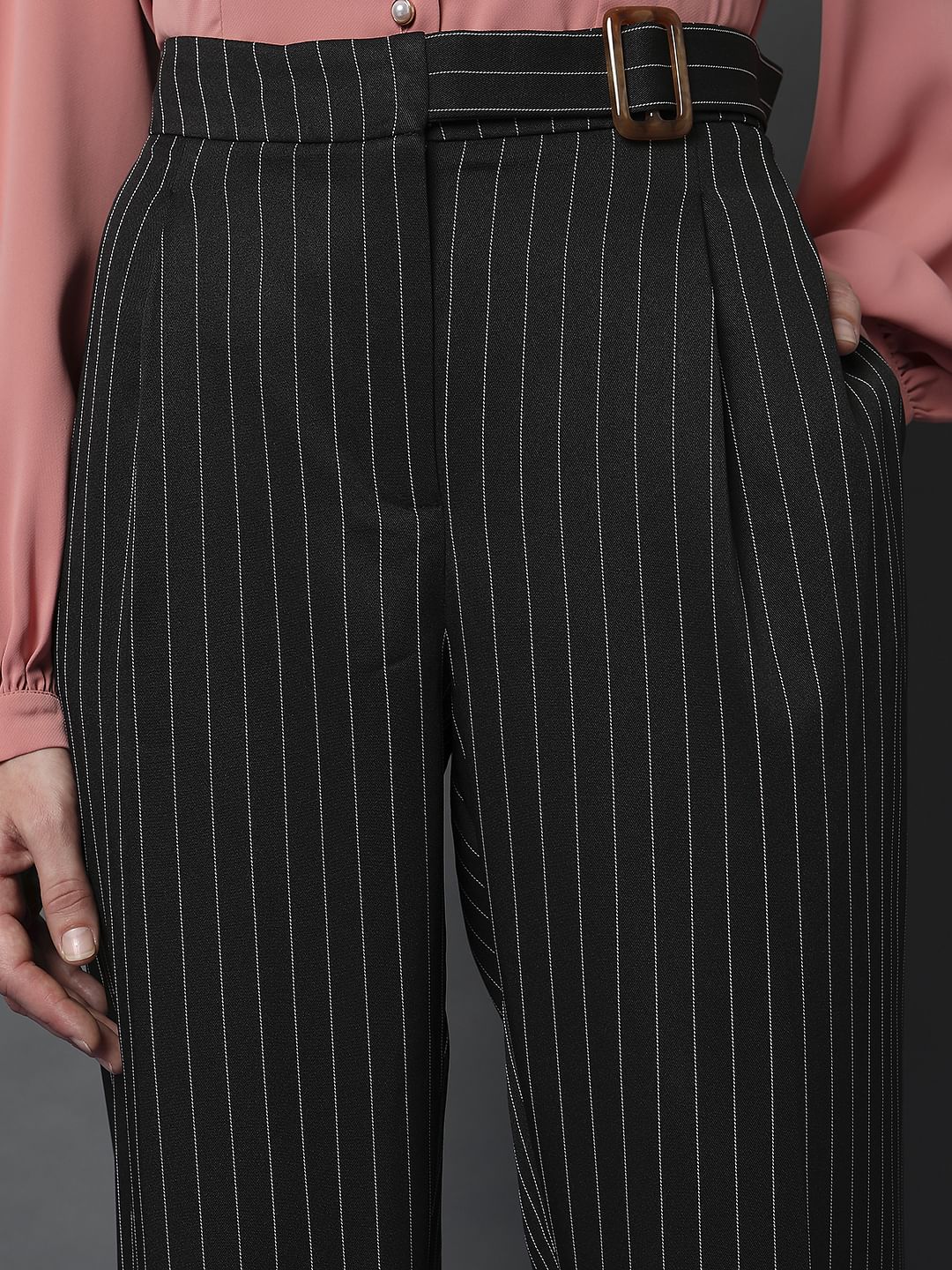 Black High Rise Striped Straight Fit Co-Ord Set Pants