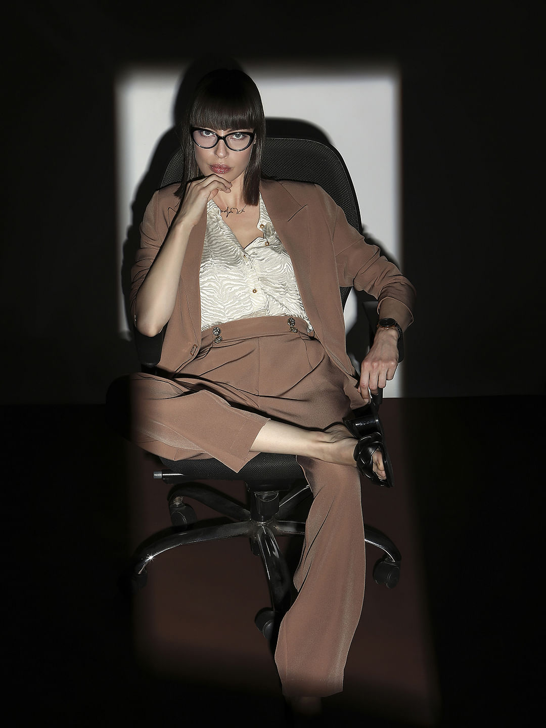 Beige High Rise Straight Fit Pants