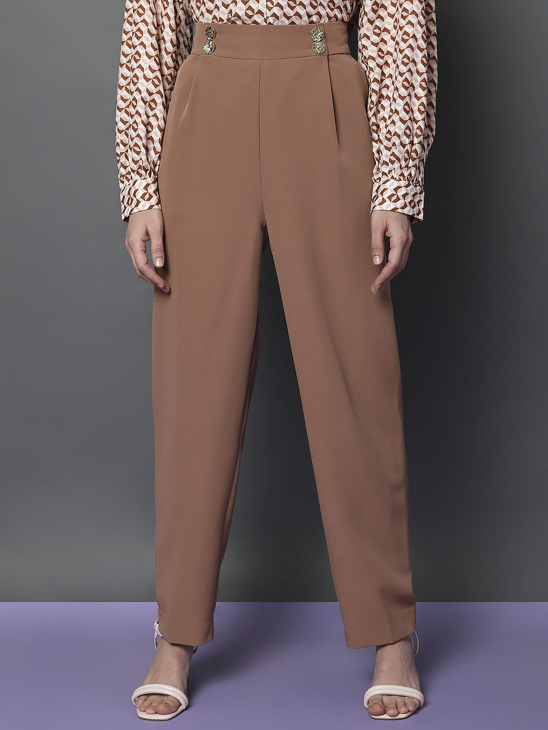 Beige High Rise Straight Fit Pants