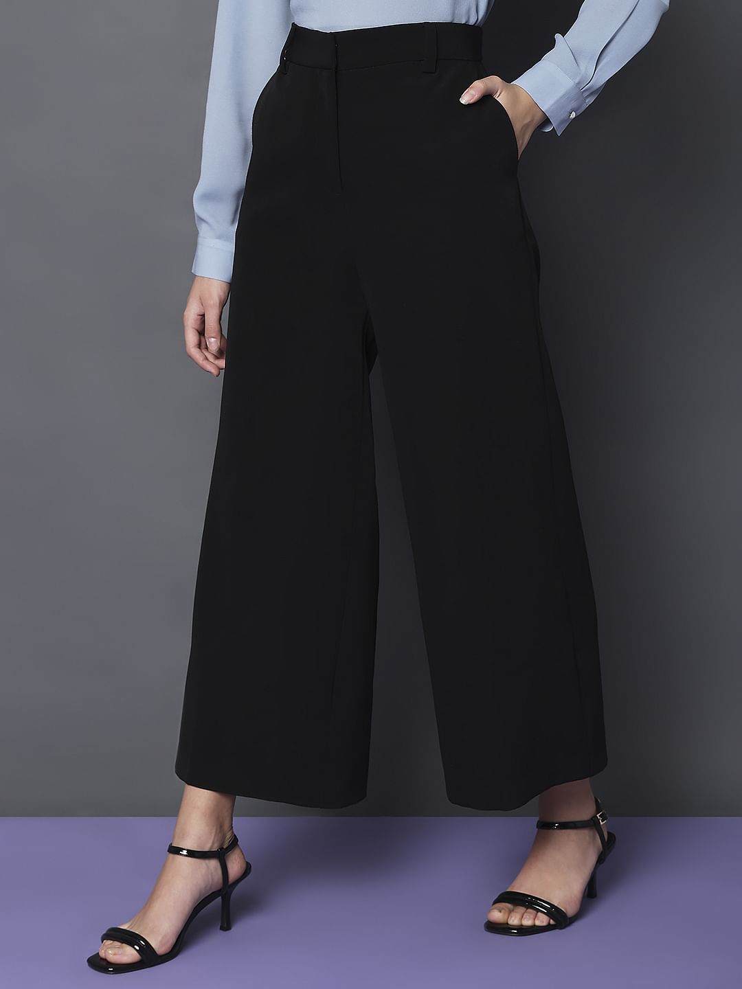 Black High Rise Semi Wide Leg Pants