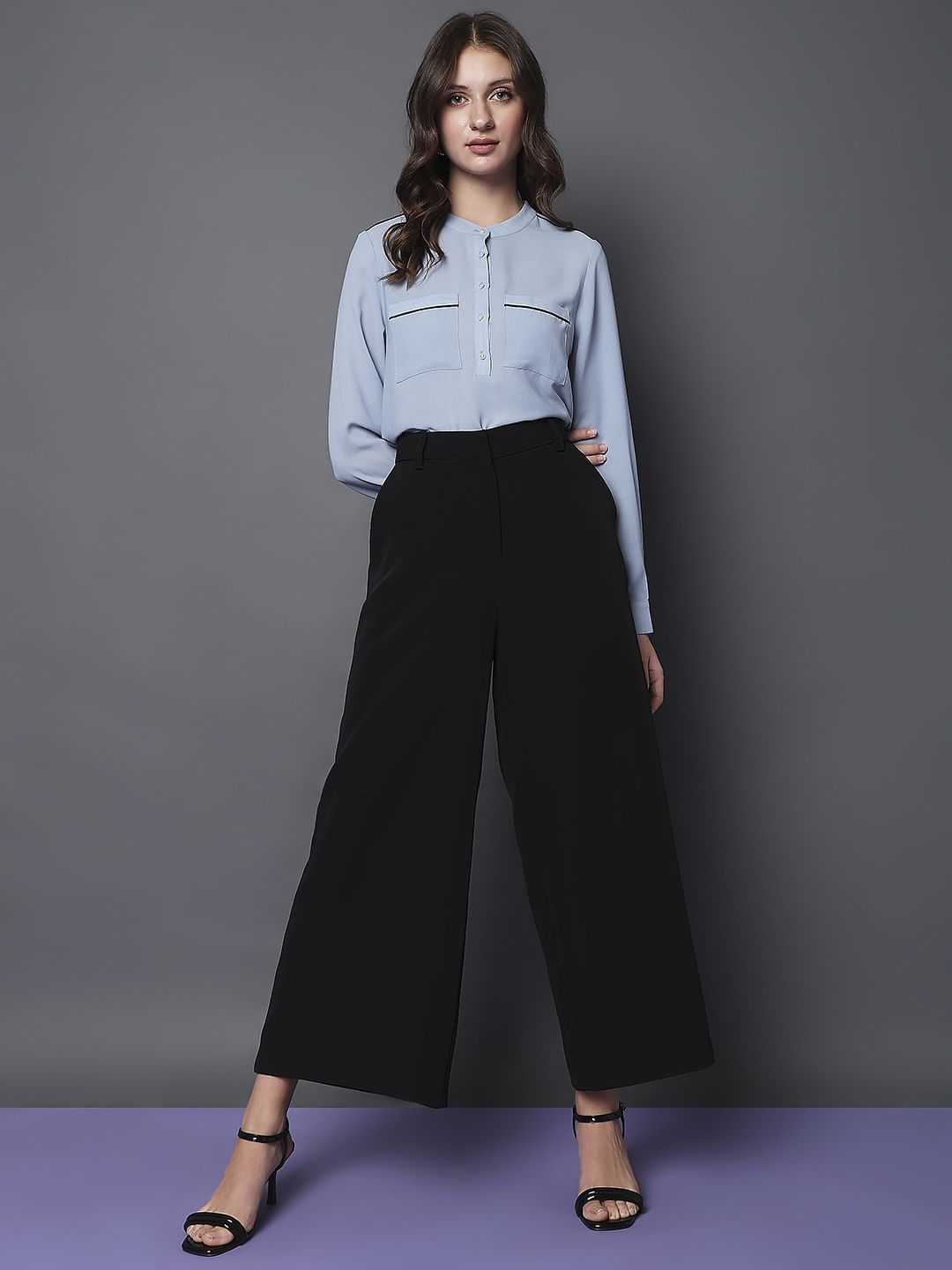 Black High Rise Semi Wide Leg Pants