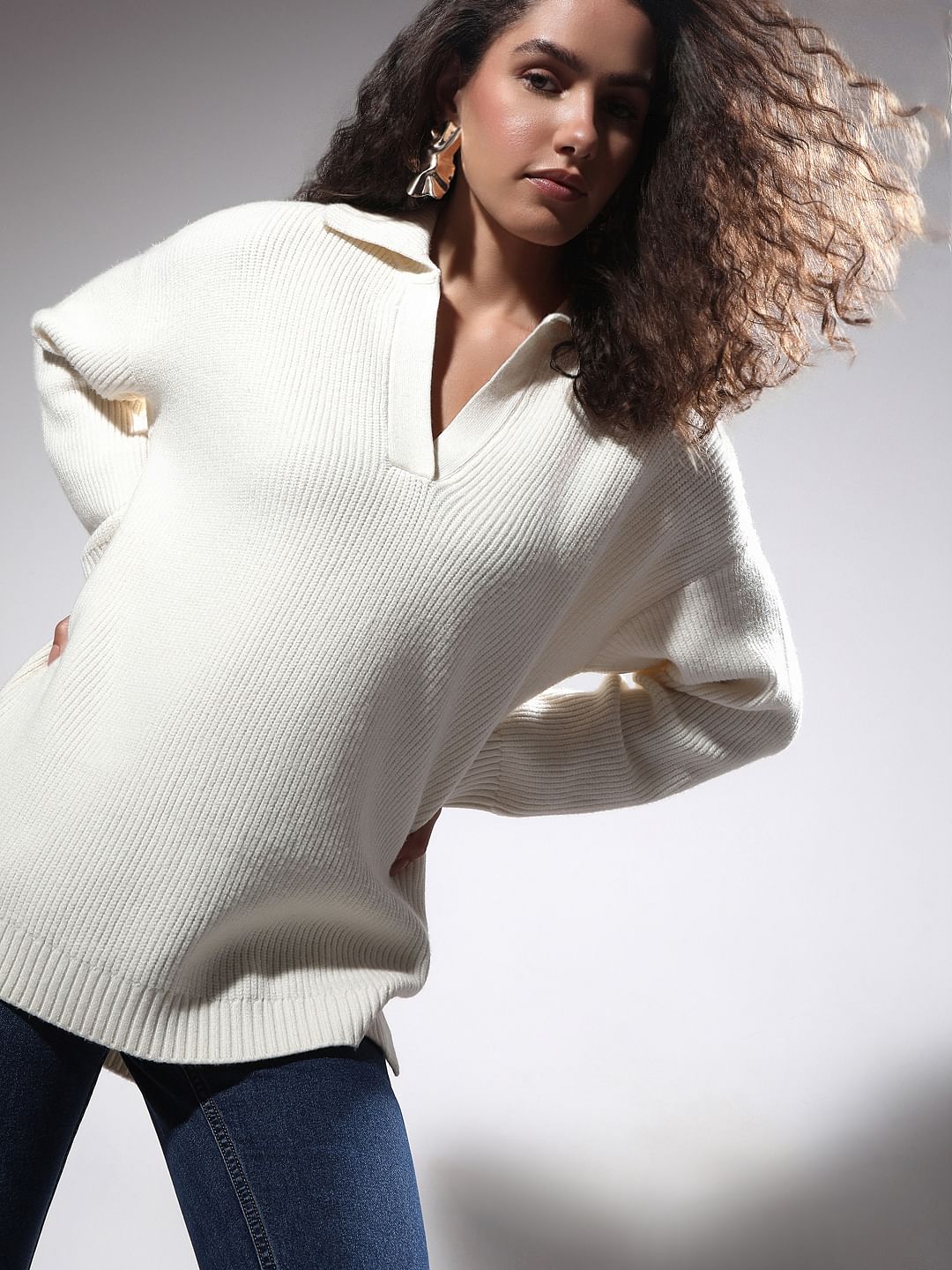 Beige V-Neck Long Pullover