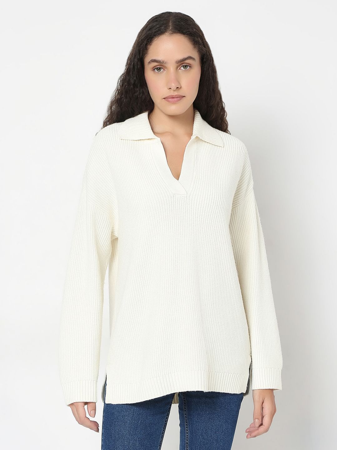 Beige V-Neck Long Pullover