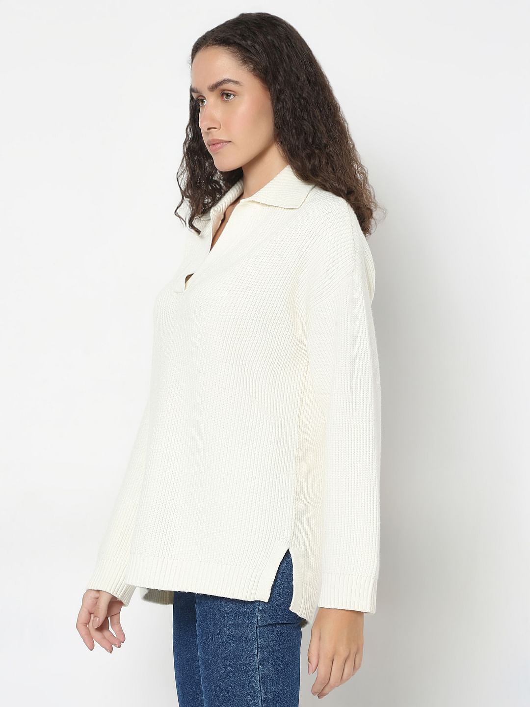 Beige V-Neck Long Pullover