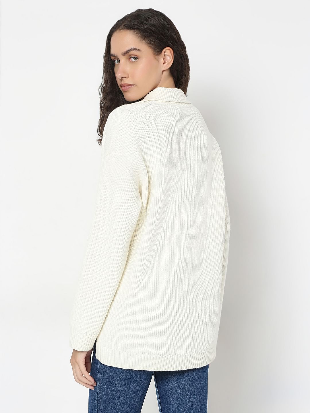 Beige V-Neck Long Pullover