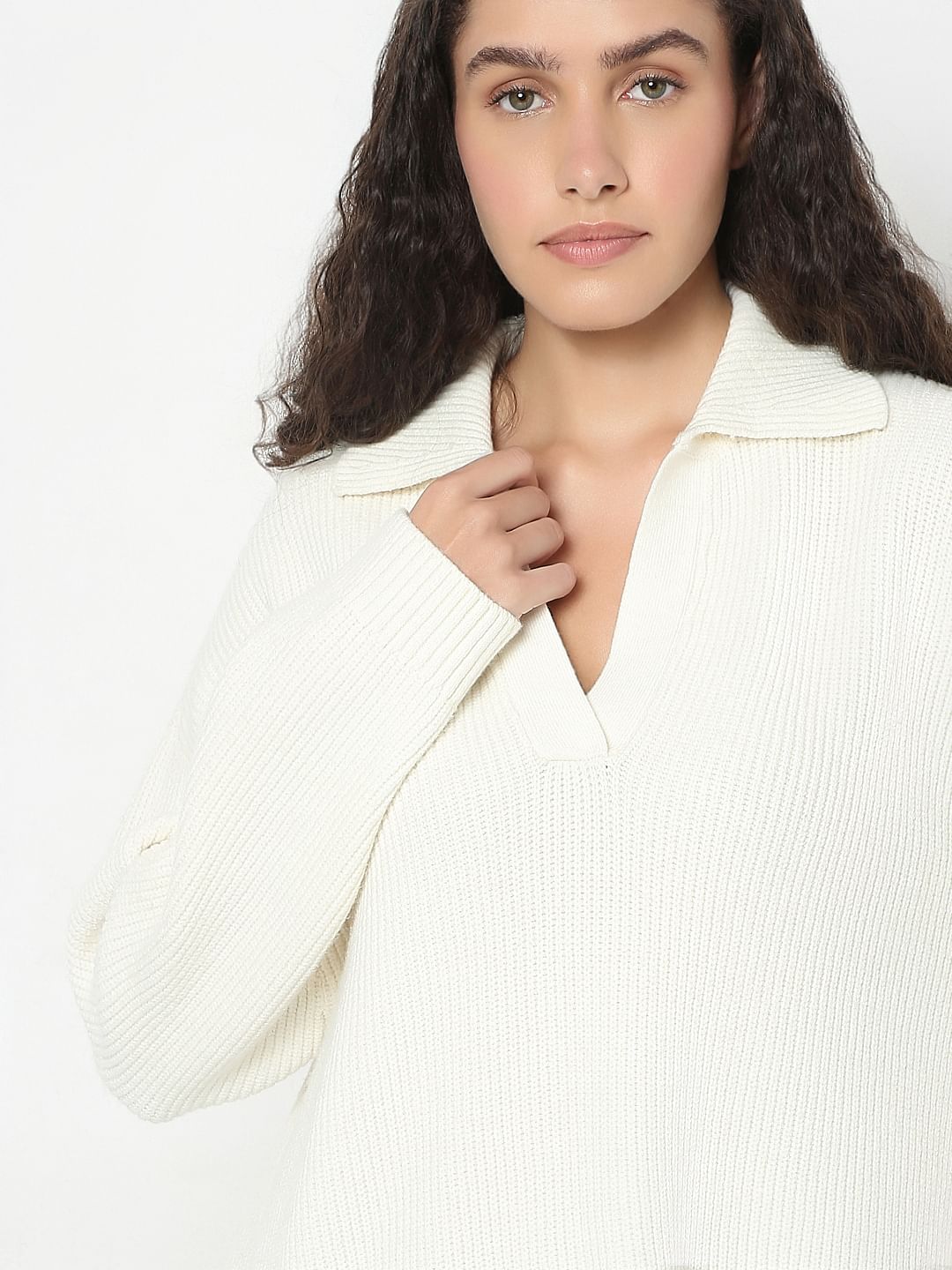 Beige V-Neck Long Pullover